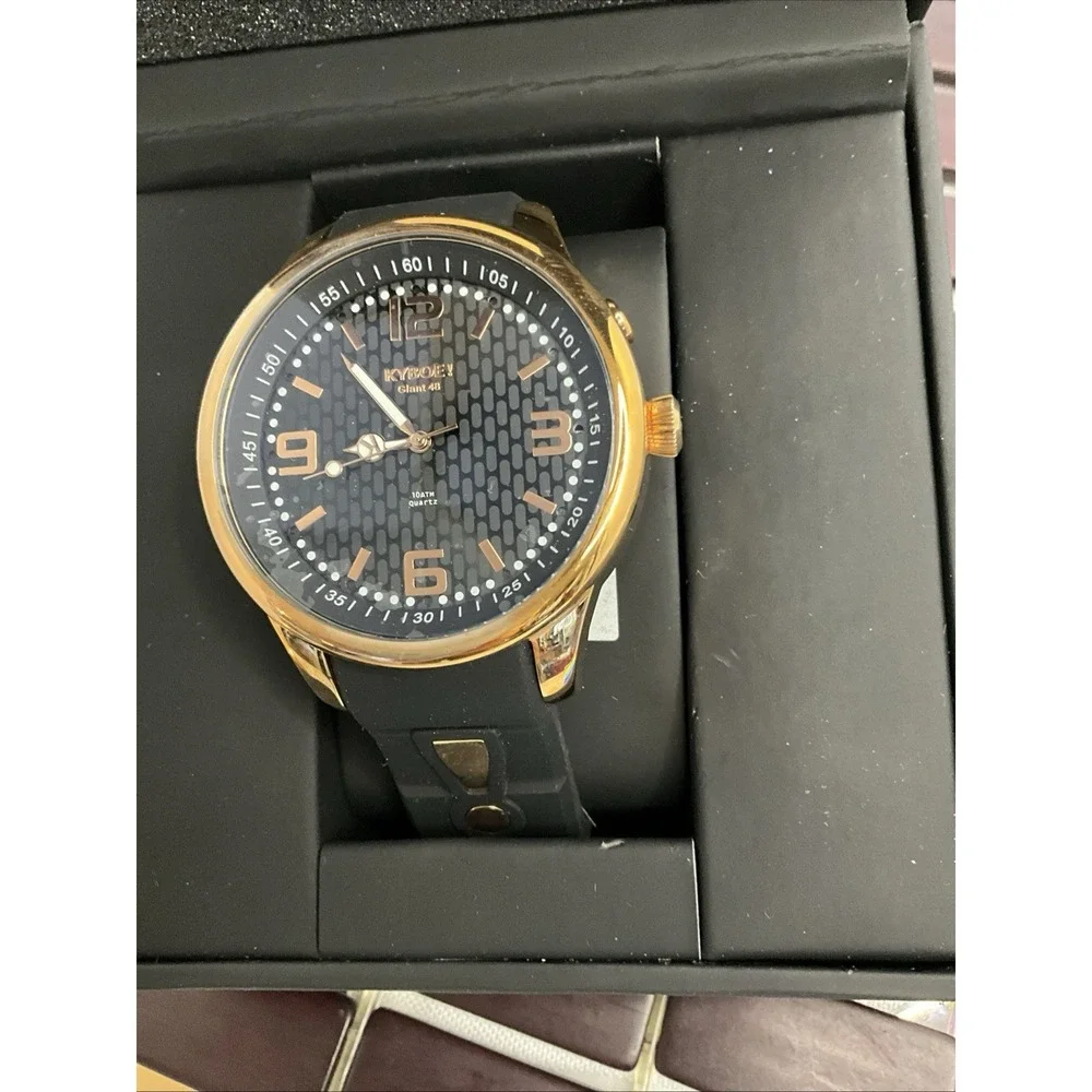 Kyboe Men Giant 48MM Black‎ Case Black Silicone Band Gold Trim Light Up New